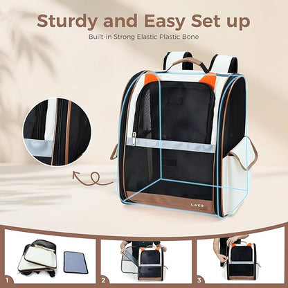 Lekereise Ventilated Dog Backpack Carriers, Cat Carrier Backpacks with Breathable Mesh for Small Cats Dogs Up to 17 Lbs, Pet Foldable Backpack Great for Travel Hiking Camping Outdoor Beige-Orange Ears