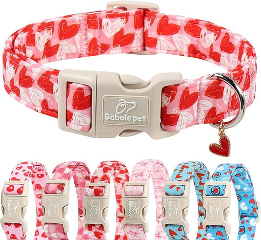 Valentines Dog Collar for Large Dogs - Cute Pink Girl Dog Collar, Doodle Heart Pattern, Adjustable Valentine Dog Collars with Red Heart Charm L