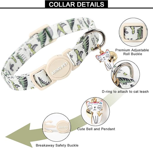 ARING PET 2 Pack Cat Collar-Cute Cotton Cat Collar with Bell & Pendant, Adjustable Dinosaur Kitten Collars with Safety Buckle for Girl and Boy Pets