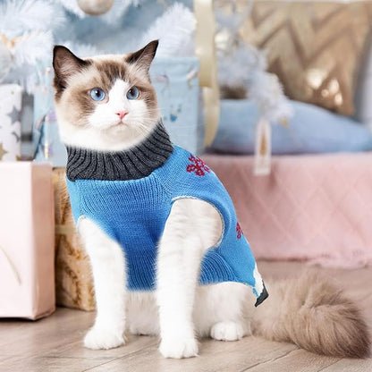 Pet Christmas Dog Sweaters Cute Animal Snowman Printed Puppy Xmas Costumes Winter Warm Turtleneck Jumpers Puppy Knitted Clothes Cat Outfits (S, Blue Snowman)