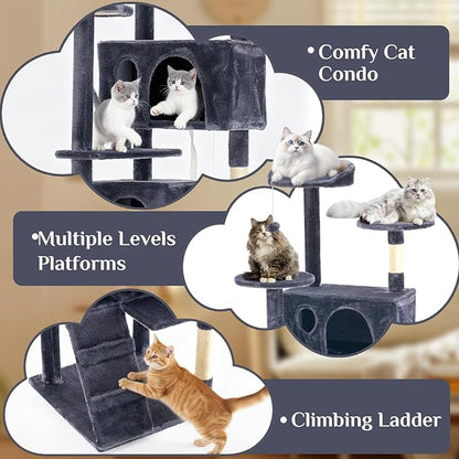 DUMOS 80-inch Indoor Cat Tree Tower –Multi-Level Pet House for Large Cats with 2 Condos, Scratching Posts, Round Platform, Small Ladder, and Toys, Grey