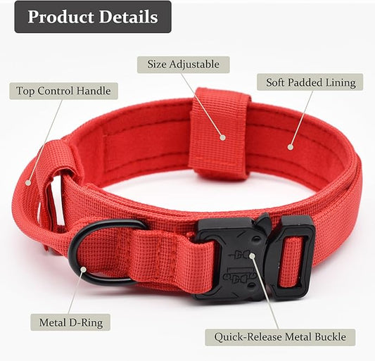 Tactical Dog Collar, Adjustable Military Training Nylon Dog Collar with Control Handle and Heavy Quick-Release Metal Buckle for Small Medium Large Dogs, Red M