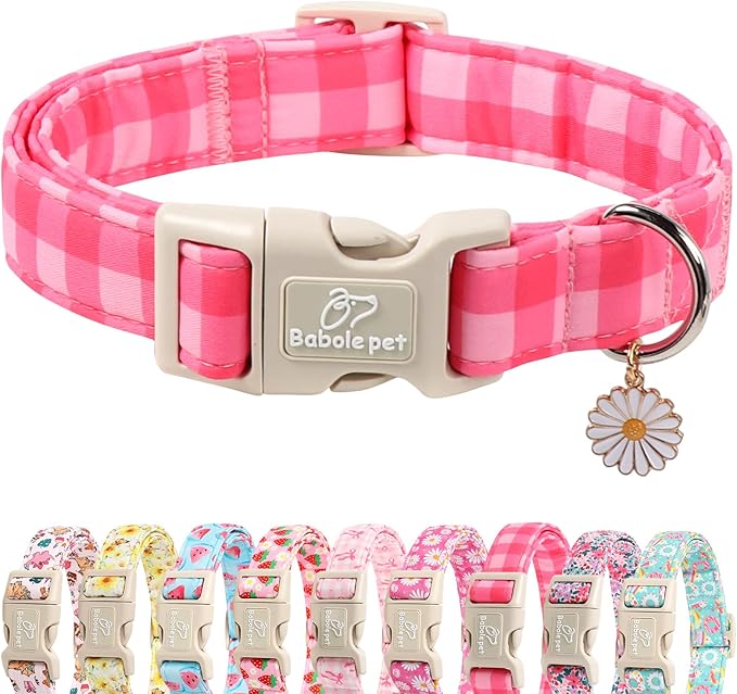 Girl Dog Collar for Giant Large Dogs - Cute Pink Plaid Puppy Collar, Soft Adjustable Spring Summer Female Dog Collars with Quick Release Buckle XL