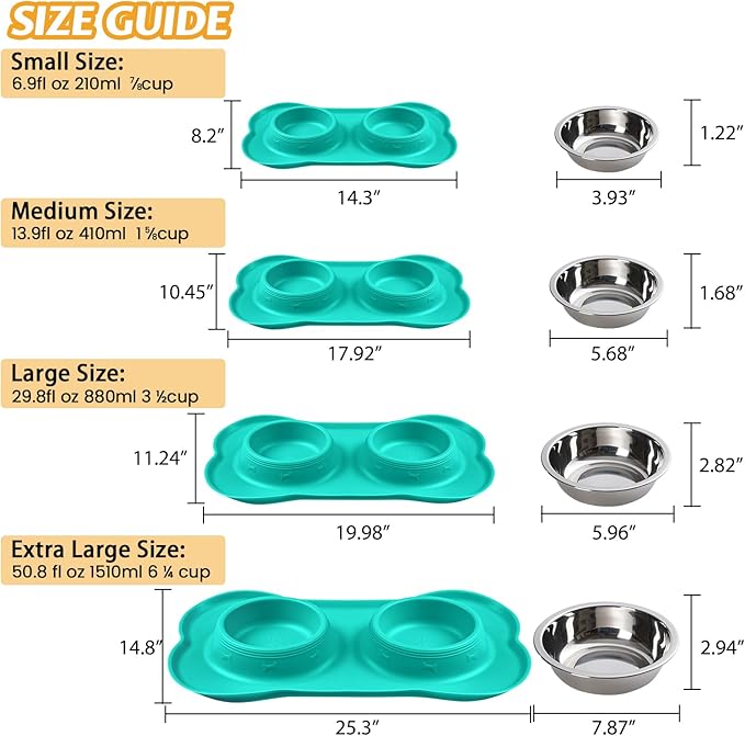 Hubulk Pet Dog Bowls 2 Stainless Steel Dog Bowl with No Spill Non-Skid Silicone Mat + Pet Food Scoop Water and Food Feeder Bowls for Feeding Small Medium Large Dogs Cats Puppies (Medium, Mint Green)