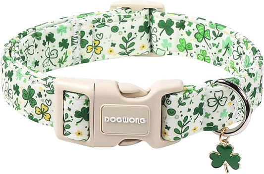 DOGWONG St Patrick's Dog Collar, Green Clover Pet Collar Cotton Holiday Pet Collar Cute Puppy Collar Adjustable Pet Dog Collars for Large Dogs,XL
