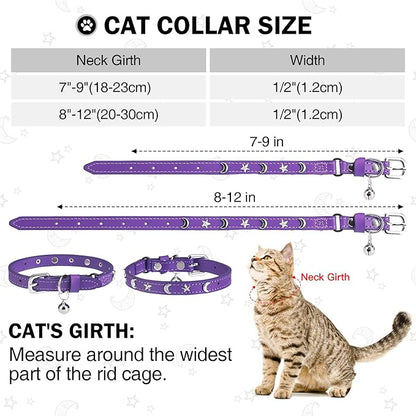 Leather Cat Collars for Boy Girl Cats with Bell and Safety Elastic Belt, Personalized Star and Moon Stud Adjustable Safe Buckle Collar for Kitty Small Big Cats Size 8-12 Inch, Purple