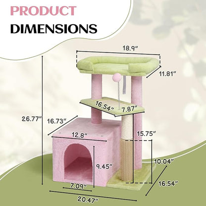 VINGLI Cat Tree, 27 inch Small Cat Tower with Scratching Post and Pad, Cat Condo for Indoor Kittens Padded Top Bed, Cats Indoor Activity Center (Pink & Green)