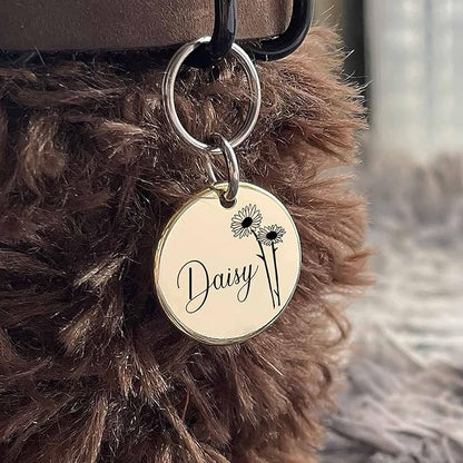 Cats Dogs ID Tags Personalized Engraving Birth Flowers Pattern for Custom Pets Collar Accessories Matt Stainless Steel Small Round Name Plate