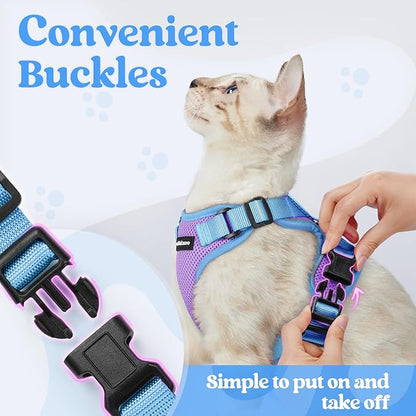rabbitgoo Cat Harness and Leash Set, Escape Proof Soft Adjustable Vest Harnesses for Outdoor Walking, Easy Control Breathable Kitten Jacket with Reflective Strips, Purple & Blue, M