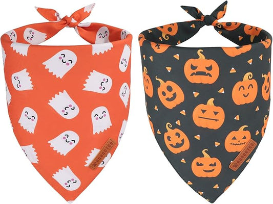 ADOGGYGO Halloween Dog Bandanas 2 Pack, Reversible Pumpkin Ghost Scarf, Premium Fabric, Adjustable Fit Orange Black Halloween Bandanas for Small Dogs (Small)