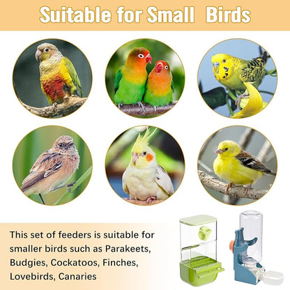 BNOSDM Automatic Bird Feeder Water Dispenser Set No Mess Bird Cage Feeders Parrot Cage Accessories Transparent Seed Food Container with Perch for Finches Parakeets Budgies Lovebirds Canaries (Green)