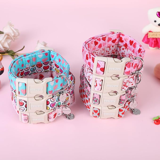 DOGWONG Valentine's Dog Collar - Blue Heart Adjustable Cotton Heart Dog Collar - Perfect for Small, Medium, Large Dogs
