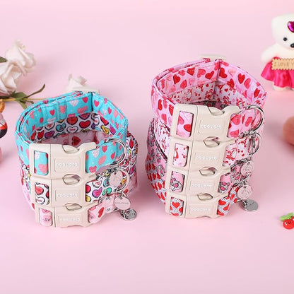 DOGWONG Valentine's Dog Collar - Blue Heart Adjustable Cotton Heart Dog Collar - Perfect for Small, Medium, Large Dogs