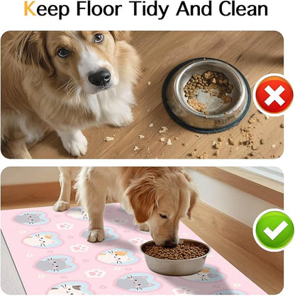 Cat Feeding Mat 24x16 inch Pink Heart Kitten Print Pet Bowl Placemat Non Slip Floor Mat for Food and Water Indoor Kitty Feeding Station Cute Meal Pad for Small Pets Kitchen Use