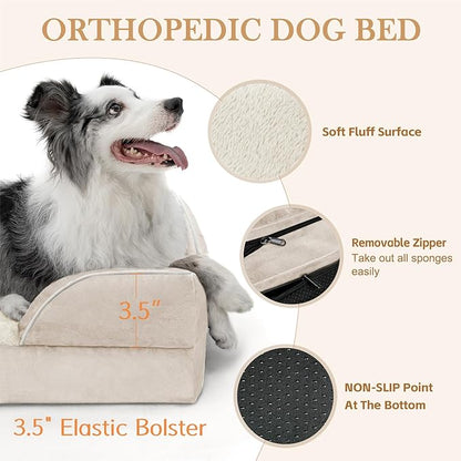 Comfort Expression Orthopedic Dog Bed for Small Dogs 24x16 Inch, Waterproof Supportive Egg Crate Foam Small Pet Bed with Removable Bolsters, Dog Couch with Washable Cover & Non-Slip Bottom, Beige
