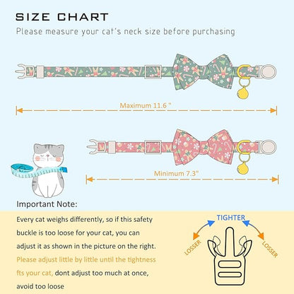 Faygarsle 2 Pack Christmas Cat Collar Set, Red and Green Gingerbread Pattern, with Bells and Bows, Breakaway Safety Feature