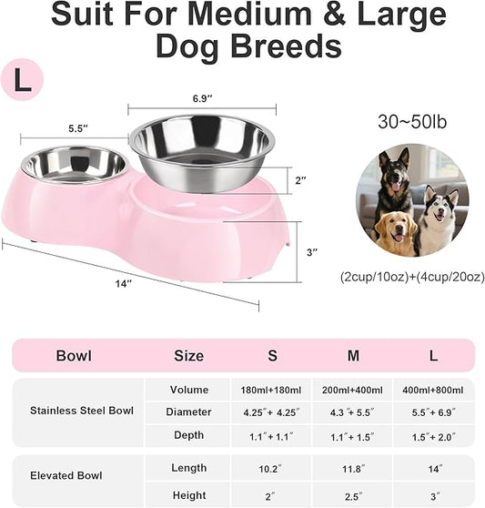Elevated Dog Bowls Set - Non-Slip Raised Pet Feeder with Medium (10 oz) & Large (20 oz) Stainless Steel Bowls - Includes Durable Resin Stand for Corgi Puppies and Adult Cats - Pink