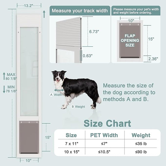 Dog Door for Sliding Glass Doors, Adjustable Height 76 1/8"-80 7/8" Aluminum Frame Tempered Sliding Door Dog Doors Insert with Lock, 10" x 15" Flap Size for Large Dogs