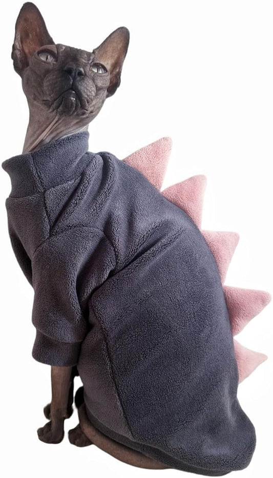 Dinosaur Sphynx Cat Clothes, Soft Polar Fleece Sweater for Cat, Elastic Pet Clothes Thick Winter Warm Outfit for Hairless Cat, Devon, Cornish, Small Dogs Apparel with Sleeves (Grey, XX-Large)