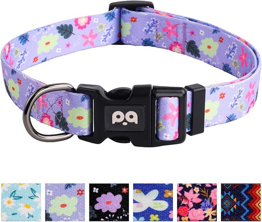QQPETS Adjustable Soft Dog Collar: Print Flower Pink Multicolor Cute Patterns for XS Small Medium Large Pet Girl Boy Puppy Walking Running Training