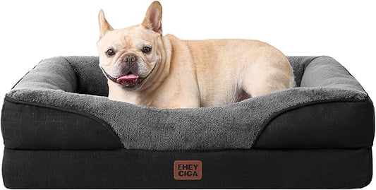 EHEYCIGA Orthopedic Dog Bed for Medium Dog, 30x20x6.5 Inch Memory Foam Dog Couch Bed with Sides, Waterproof Liner & Washable Removable Cover, Bolster Pet Sofa, Grey/Black