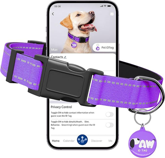 Reflective Dog Collar for Extra Small Dogs with Dog Tags Personalized & Quick Release Buckle, Adjustable and Comfortable Nylon Pet Collar, Purple