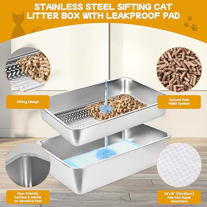 23.6''x15.7''x8'' Stainless Steel Sifting Litter Box, XXL Large Metal Sifting Cat Litter Box for Pine Pellets, Litter Pan Tray System for Indoor Cats with Scoop and Pee Pad, Easy to Clean(8 Inch)