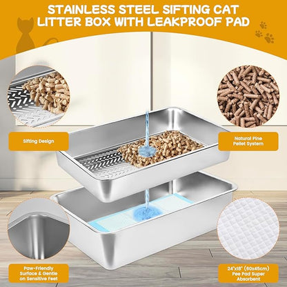 23.6''x15.7''x8'' Stainless Steel Sifting Litter Box, XXL Large Metal Sifting Cat Litter Box for Pine Pellets, Litter Pan Tray System for Indoor Cats with Scoop and Pee Pad, Easy to Clean(8 Inch)