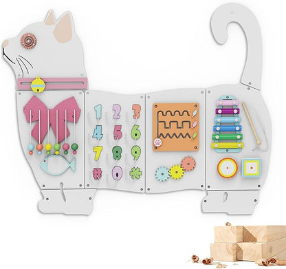 BlueWood Wooden Wall Busy Board Panels, Toddler Learning Activity Center, Montessori Philosophy Sensory, Educational Toys, Conducive to All-Round Development - Cat
