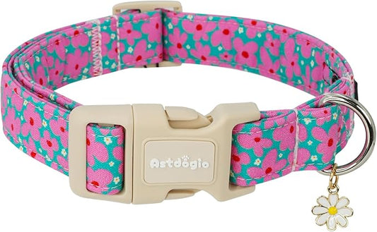 Cotton Floral Dog Collar,Green Dog Collar with Pink Flower, Adjustable Puppy Dog Collars for Small Medium Large, Cute Girl or Boy Dog Collar Ideal for Gifts,Pet Accessory,M
