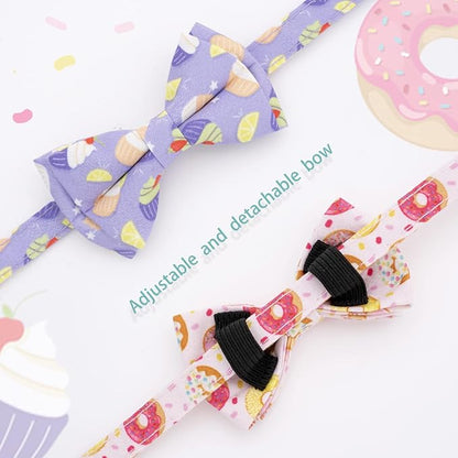 Faygarsle 2 Pack Cute Breakaway Cat Collar With Bell and Bowtie for Male Female Cats - Soft Fancy Pink Purple With Ice Cream Doughnuts Pattern - Summer Collar for Boy Girl Cats