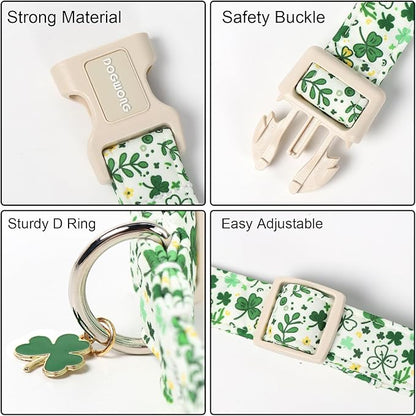 DOGWONG St Patrick's Dog Collar, Green Clover Pet Collar Cotton Holiday Pet Collar Cute Puppy Collar Adjustable Pet Dog Collars for Large Dogs,L