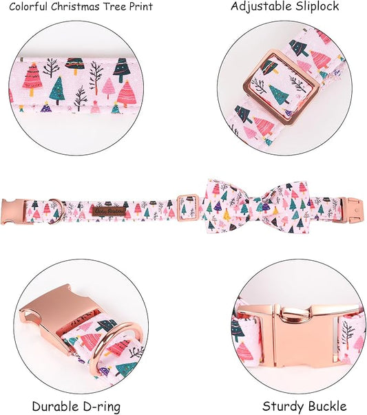 Christmas Dog Collar, Pink Christmas Tree Soft Comfortable Collars with Bow Adjustable Pet Collar with Premium Metal Buckle Puppy Necklace for X-Small Girl Dogs