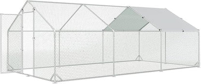 Large Metal Chicken Coop with Run Walk-in Poultry Cage Chicken Runs House Pen Cage Spire Roofed Chicken Coops with Anti-Ultraviolet Cover for Outdoor Yard Farm Use 9.8’L x 19.7’W x 6.4’H