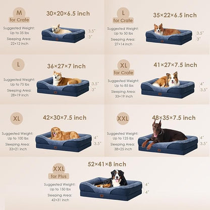 EHEYCIGA Orthopedic XL Dog Bed for Large Sized Dog, 48x35x7.5 Inch Extra Large Memory Foam Dog Couch Bed with Sides, Waterproof Liner & Washable Removable Cover, Bolster Pet Sofa, Navy