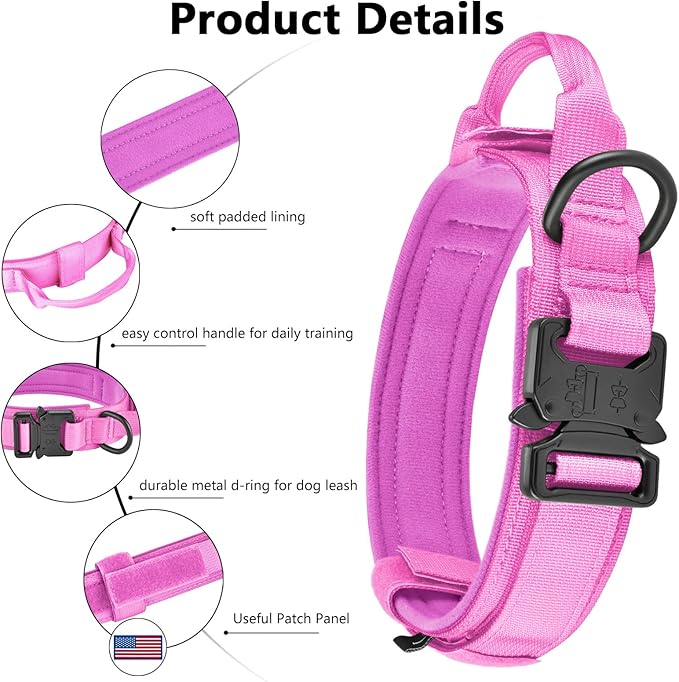 DAGANXI Tactical Dog Collar, Adjustable Military Training Nylon Dog Collar with Control Handle and Heavy Metal Buckle for Medium and Large Dogs, with Patches and Airtags Case (M, Pink)