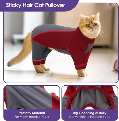SUNFURA Hair Sticky Cat Clothes, Cat Sweater for Cats Only, 4-Legged Fleece Sweaters Kitten Pajamas Reduce Shedding Fur, Warm Pullover Shirts for Cats, Red M