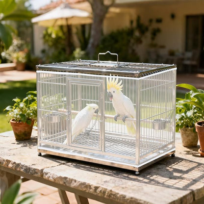 Fengek 2 Pcs Adjustable Bird Cage Cover & Seed Catcher Net - Stretchy Bird Cage Accessories for Night Cover & Seed Guard (White + Black)