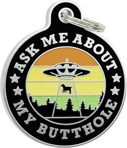 Bad Tags Personalized Dog and Cat ID Tags in 25+ Designs and 2 Sizes - 5 Lines of Custom Engraved Text - Funny Cute Personalized Pet Tags (Ask Me About My Butthole - Black, Large (1.25 inch))