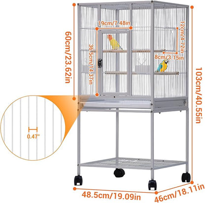 52'' Wrought Iron Birdcage with Detachable Rolling Stand & Feeder, Large Bird Cage with Secure Lock & Slide-Out Tray, Indoor Outdoor Bird Cage on Wheels,Parrot Cages for Parakeets, Pigeons, White