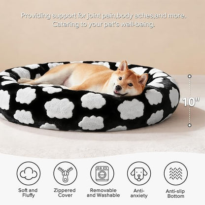 JOEJOY Donut Large Dog Bed, Cute Round Calming Dog Bed with Removable Washable Cover, Orthopedic Pet Beds with Jacquard Shaggy Plush & Non Skid Bottom, Black