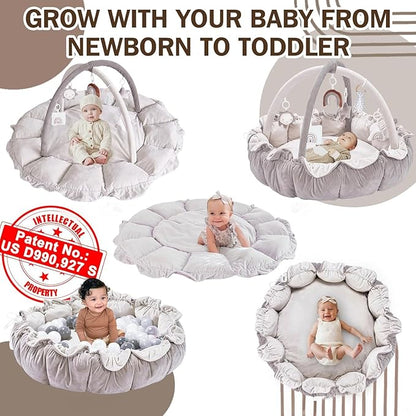 Little Dove 5-in-1 Convertible Baby Play Gym with 6 Toys, Tummy Time Mat for Sensory Development, Baby Activity Center from Newborn to Toddler, Ball Pit, Soft Plush Pet Mat, No Ball Included Grey