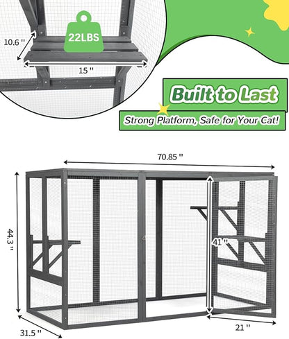 Catio Outdoor Cat Enclosure,71" L Outside Cat House Weatherproof, Wooden Large Catios for Cats Patio, Cat Houses with 3 Platforms,Grey