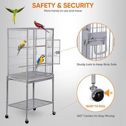 SUPER DEAL 53-Inch Rolling Bird Cage Large Wrought Iron Cage for Cockatiel Sun Conure Parakeet Finch Budgie Lovebird Canary Medium Pet House with Rolling Stand & Storage Shelf, White