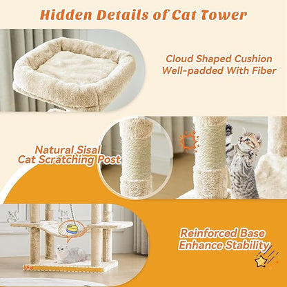 Sweetcrispy 66 Inch Cat Tree Tower, Multi Level Cat Climbing Tower with Natural Sisal Scratching Posts, Hammock, Pet Condo for Indoor Cats and Kittens Play, Beige