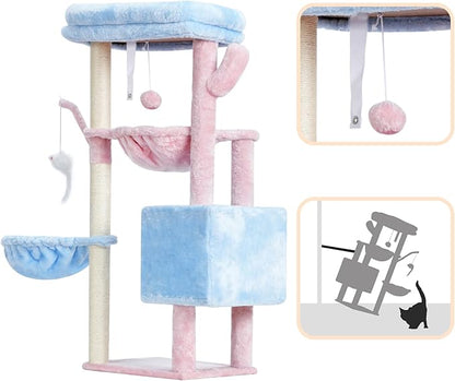 Heybly Cat Tree, 39.4 Inches Tower Condo with Scratching Post, Cat Tower for Indoor Cats, Fully Wrapped Sisal Pole, Soft Platform, 2 Baskets and Dangling Toy, Blue and Pink HCT006SBP