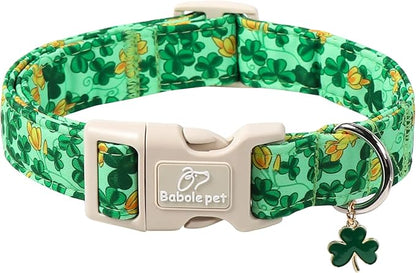 St. Patrick's Day Dog Collar for Medium Dogs - Green Shamrock & Yellow Flower Print Dog Collars, Cute Irish Party Puppy Collar, Lightweight Adjustable St. Patricks Day Pet Collars M