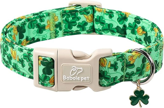 St. Patrick's Day Dog Collar for Large Dogs - Green Shamrock & Yellow Flower Print Dog Collars, Cute Irish Party Puppy Collar, Lightweight Adjustable St. Patricks Day Pet Collars L