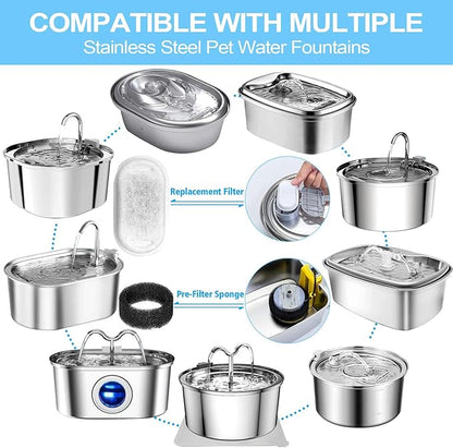 Cat Water Fountain Filter for Stainless Steel 108oz/3.2L& 67oz/2L Automatic Pet Water Dispenser Fountian Replacement Filter with Sponges