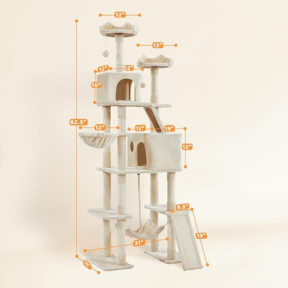 Yaheetech Cat Tree, 82.5in Large Tower w/Hammock, 2 Kitty-Ear Perches, 2 Cozy Condos, Scratching Posts, Basket, Furniture for Large Cats, Kittens, Beige
